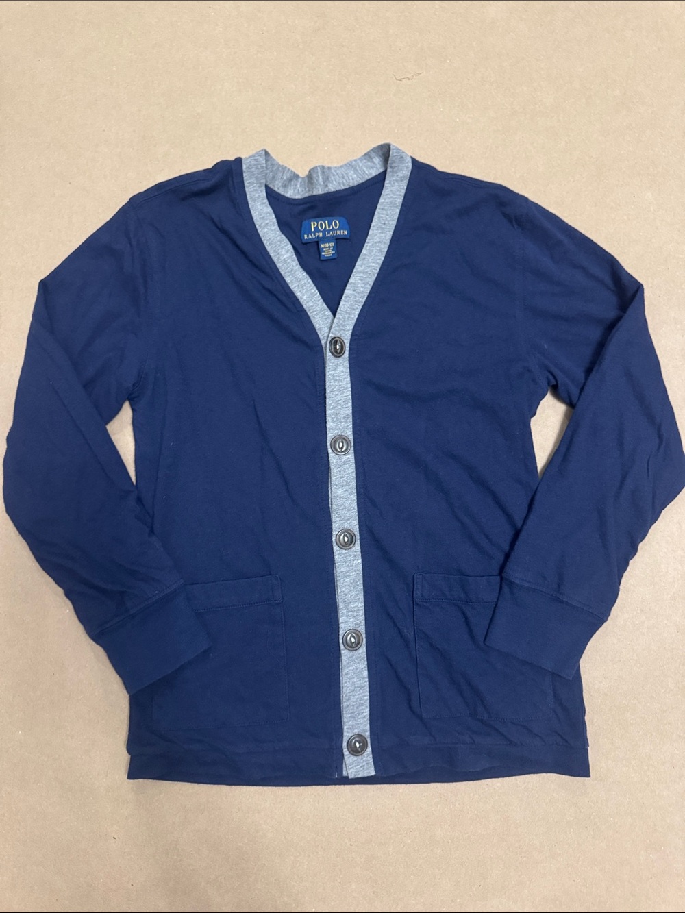 Polo by Ralph Lauren Boys Cotton-Blend Button Navy Cardigan with Gray Trim